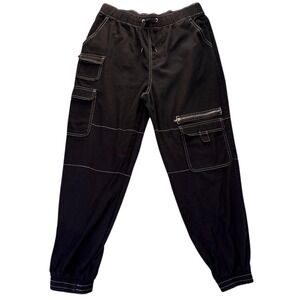 Hot Topic Mens Black Contrast Stitch Cargo Jogger Pants L Utility Streetwear